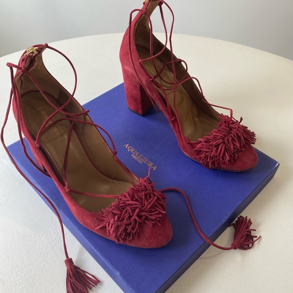 Aquazzura Burgundy Suede Fringe Wild Thing Pumps Lace Up Heels Size 41 US 10 - Picture 11 of 11